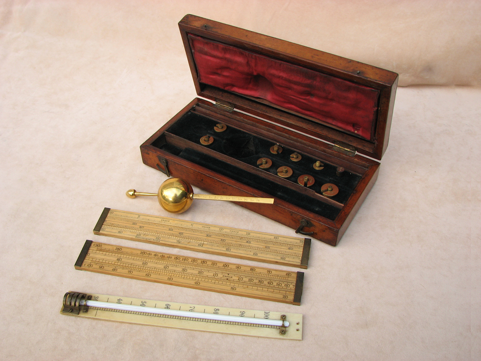Antique Negretti & Zambra Sikes hydrometer set with proof rules